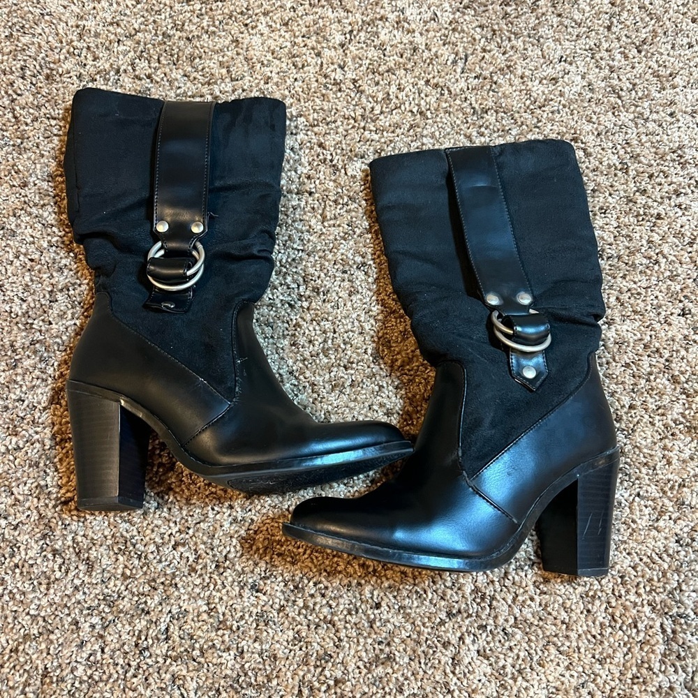 Route 66 Women's Size 6 Biker Buckle Block Heel Boot Faux Leather Suede